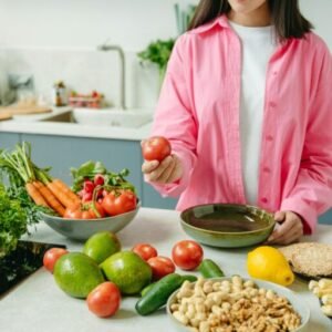 Woman in pink overshirt holds tomato in kitchen with fresh fruits and veggies.